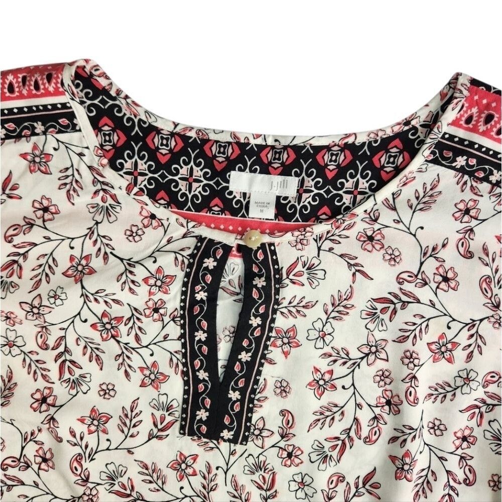 J. Jill Women Tunic Blouse Top Neck Floral White Pink Long Sleeve Size M - Picture 8 of 13